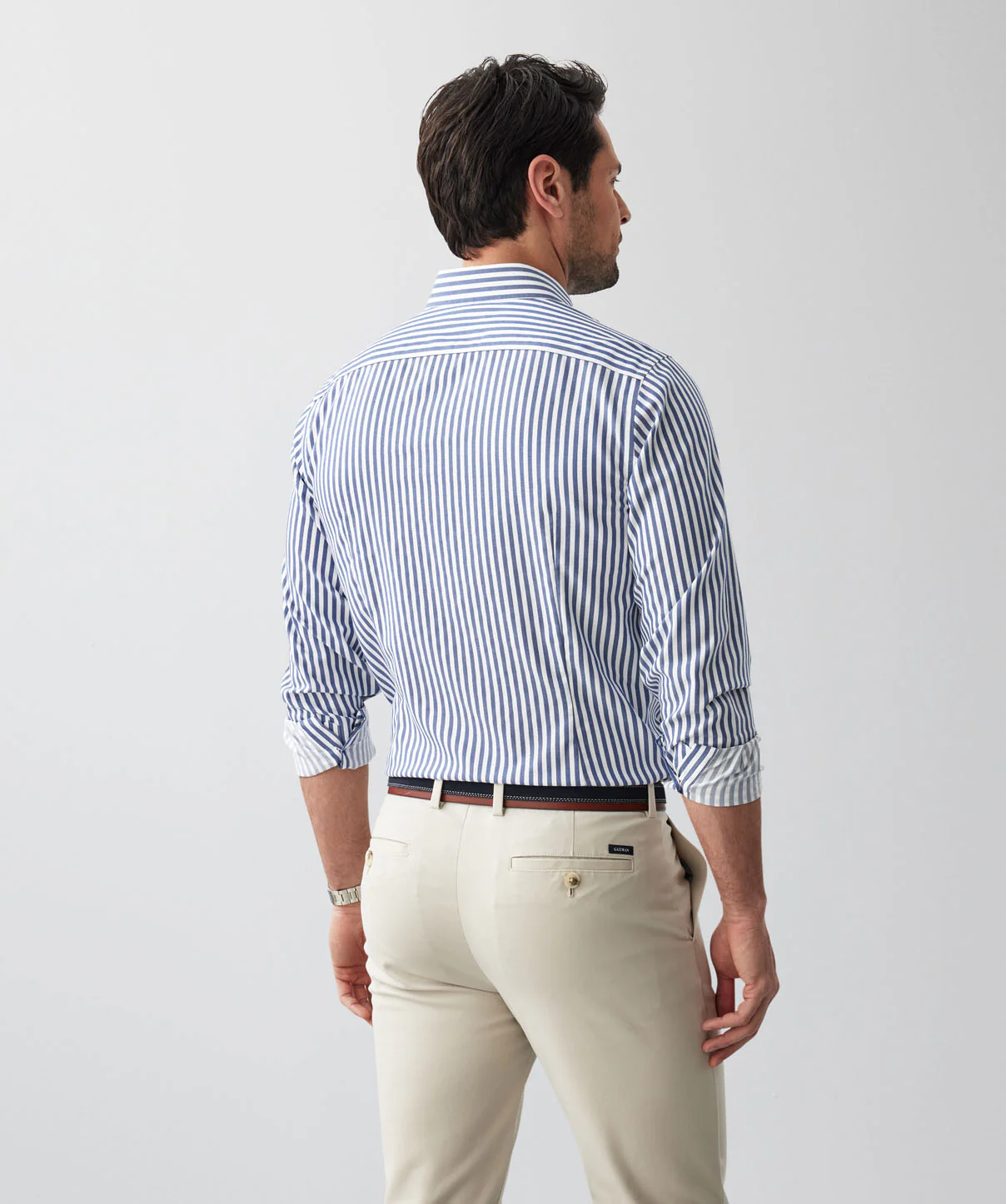 Tailored Non-Iron Twill Stripe Long Sleeve Shirt - Navy - Image 3