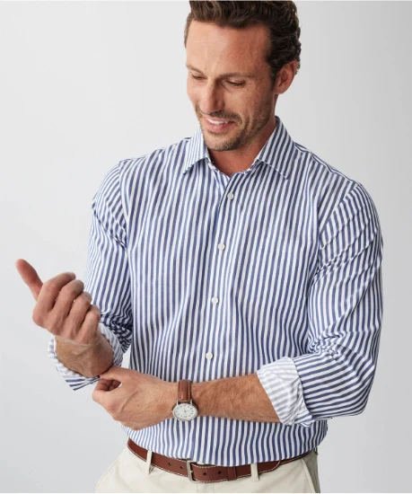 Tailored Non-Iron Twill Stripe Long Sleeve Shirt - Navy - Image 4