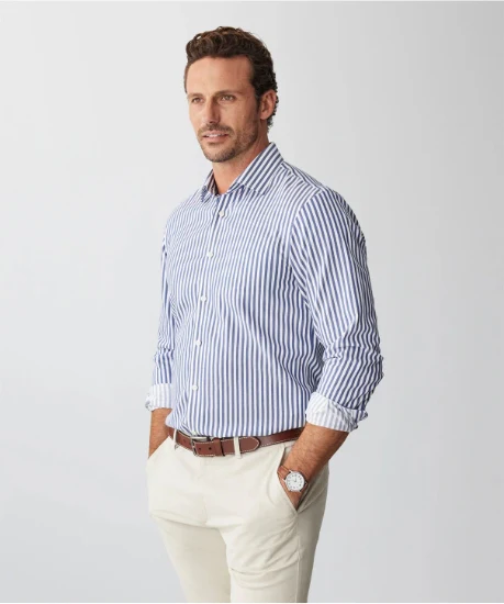 Tailored Non-Iron Twill Stripe Long Sleeve Shirt - Navy - Image 5