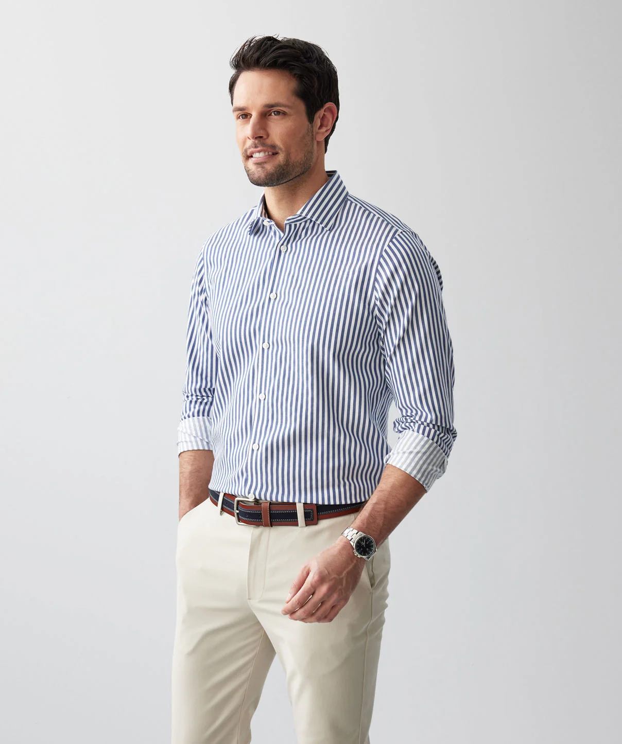 Tailored Non-Iron Twill Stripe Long Sleeve Shirt - Navy - Image 6