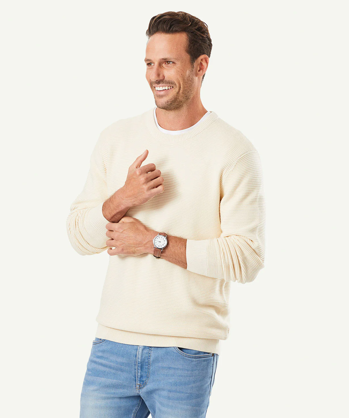 Textured Cotton Crew Neck Knit - Ecru - Image 5