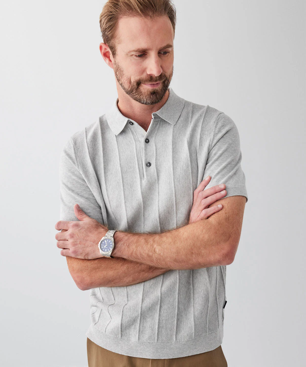 Textured Knit Polo - Grey Marle - Image 3